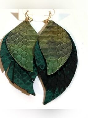 Green Layered Leaf Leather Earrings